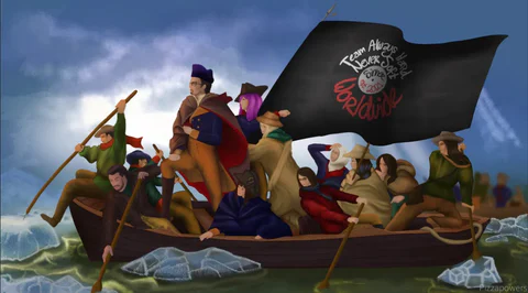 A take on Washington Crossing the Delaware: a boat full of gamers rowing through icy water under a black community flag