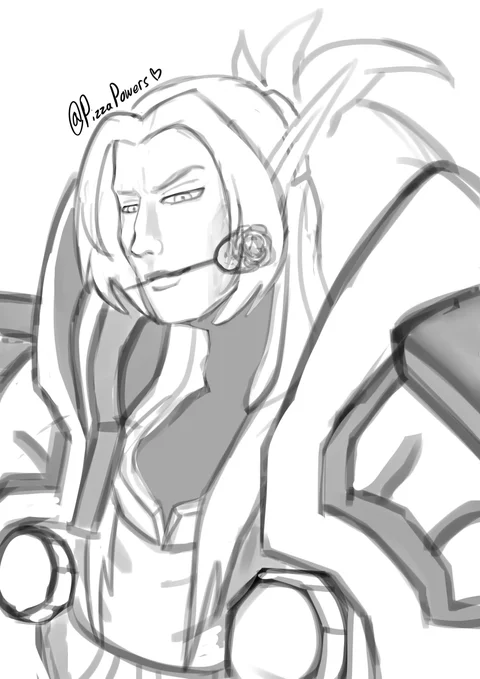 Black and white sketch of a long-haired blood elf paladin in heavy shoulder armour, wearing a headset