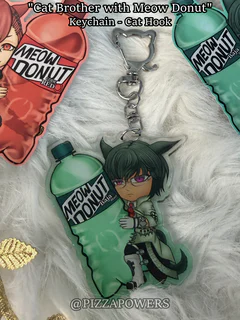 A green-haired chibi with cat ears on a green Meow Donut bottle, hanging from a cat-shaped hook