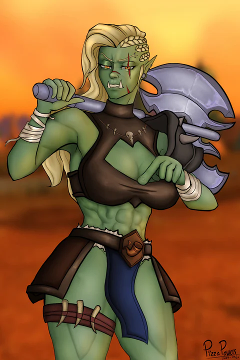 A muscular green orc woman with long blonde braids and a double-bladed axe over her shoulder, against an orange sunset