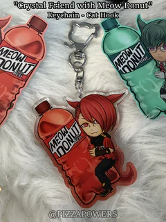 A red-haired chibi with cat ears on a red Meow Donut bottle, hanging from a cat-shaped hook