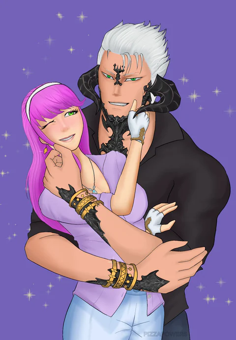 A tall white-haired man with a beard hugging a smiling pink-haired woman from behind, on purple with sparkles