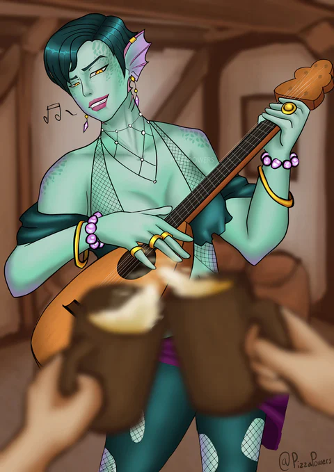 A teal-skinned bard with fins for ears, grinning over her lute as two tankards clink in the foreground
