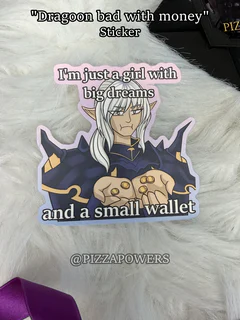 A white-haired elf in dark armour holding out empty hands, under “I’m just a girl with big dreams and a small wallet”