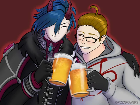 Two friends toasting with pints of beer: a blue-haired horned character in black and a blond man with glasses, on red