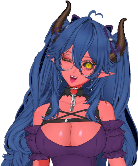 Pizzapowers’s VTuber model winking, with red skin, long blue hair, curled horns, round glasses and a heart collar