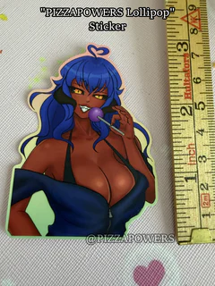 Pizzapowers with long blue hair, gold eyes and a heart-shaped curl, in an off-shoulder top, holding a purple lollipop