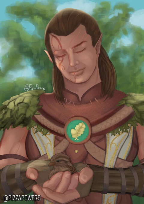 Halsin from Baldur’s Gate 3, eyes closed and smiling, holding a small brown bird in his cupped hands in front of leafy trees