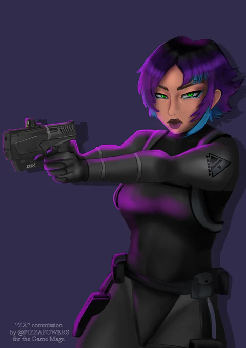 A woman with short purple hair in a black tactical suit, aiming a gun, on a dark purple background