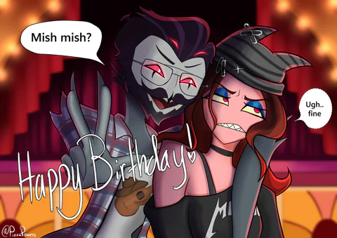 Characters in the Hazbin Hotel style under Happy Birthday lettering, one asking “Mish mish?”, another answering “Ugh, fine”