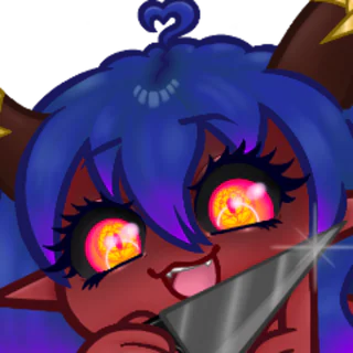 Pizzapowers’s VTuber model up close, with red skin, blue hair and brown horns, grinning with a fang behind a glinting knife