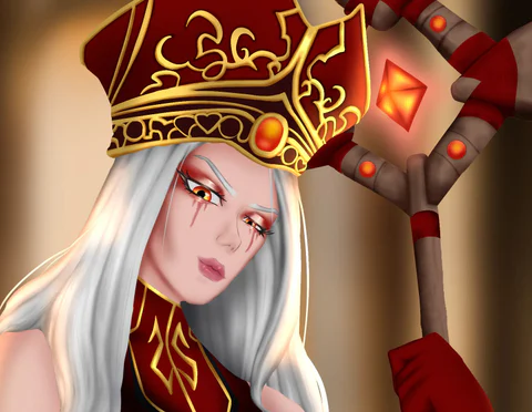 High Inquisitor Whitemane from World of Warcraft in a red and gold mitre, with long white hair and a red gem on her staff
