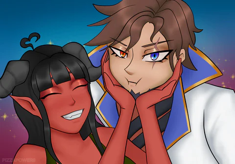 A grinning red-skinned demon with black hair and curled horns squishing the cheeks of a pouting brown-haired man